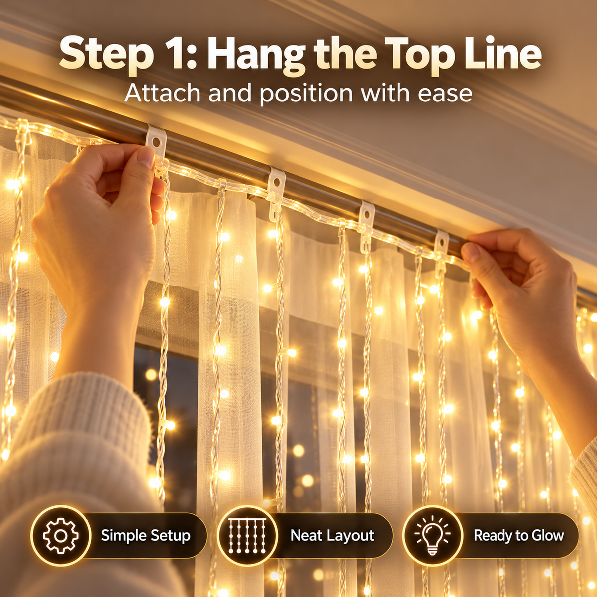 🎄 Christmas Curtain Lights – Warm White LED Window Lights with Remote Control