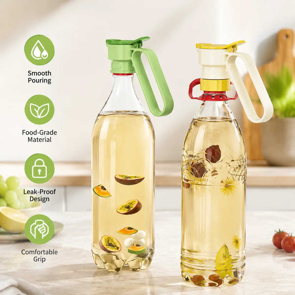 Sohochic Plastic Bottle Pour Spout Cap Dispenser - 1 Count, Portable Kitchen Utensil with Carry Handle, Detachable Wide Mouth & Different Caliber, for DIY Oil Pots & Refrigerator Cold Water Making