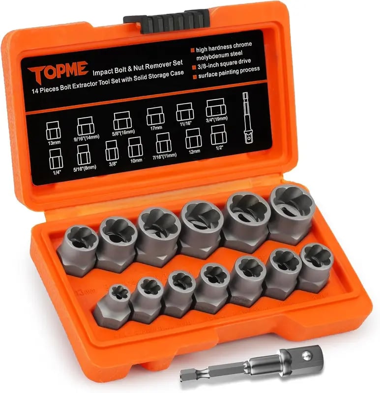TOPME Bolt Extractor Kit,13+1 Piece Impact-Grade CR-MO Steel Nut Remover Set, 3/8' Drive Socket for Removing Frozen/Rusted/Rounded Bolts & Lug Nuts (Sizes 8-19mm)