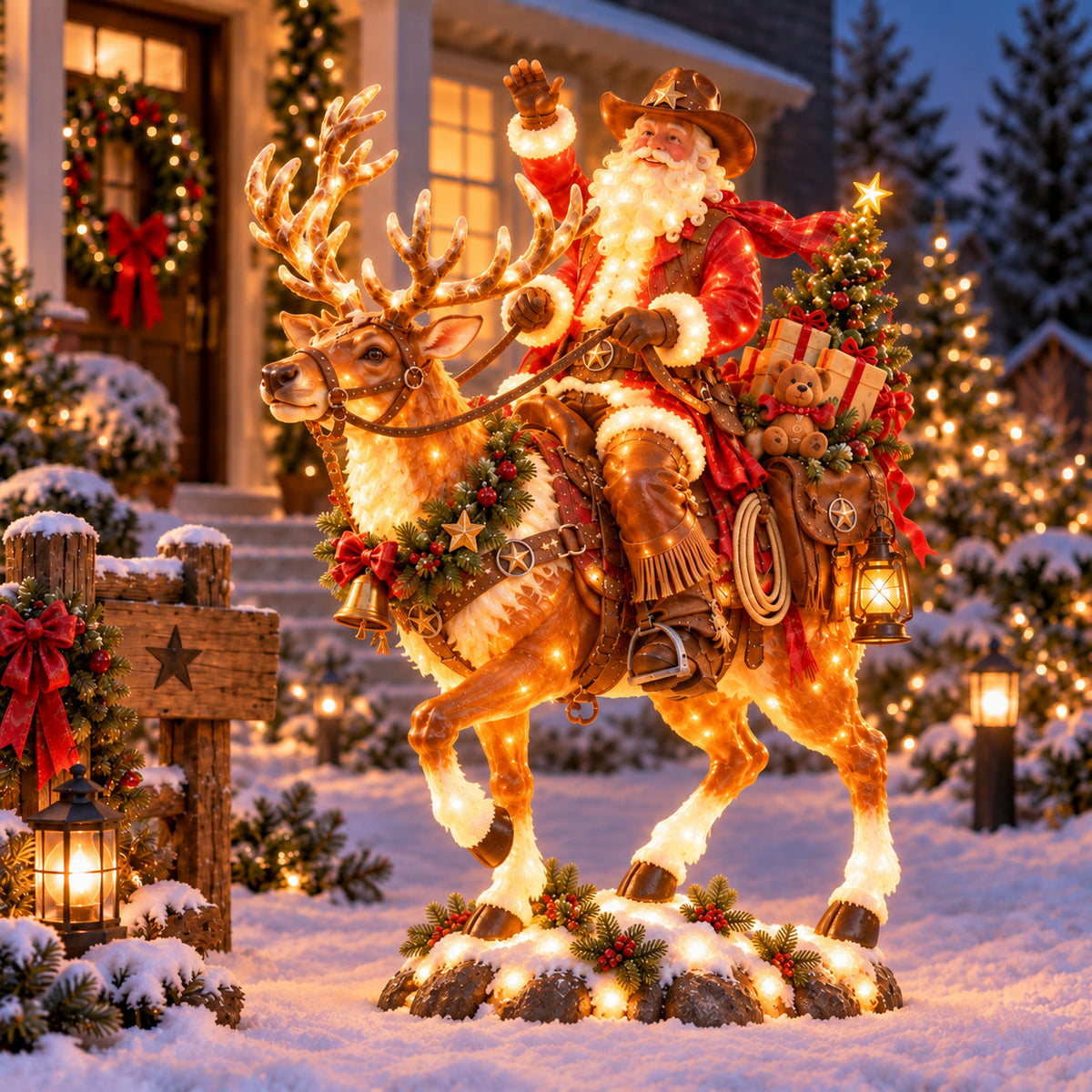 🎅🤠 Western Cowboy Santa on Horse Lighted Christmas Statue | Rustic Ranch Holiday Outdoor Décor