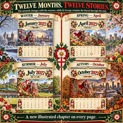 ⏳ Last Day 49% OFF – 🛡️ 2027 England St. George Wall Calendar | 12 Illustrated Monthly Scenes with Faith, Courage & Heritage 🇬🇧