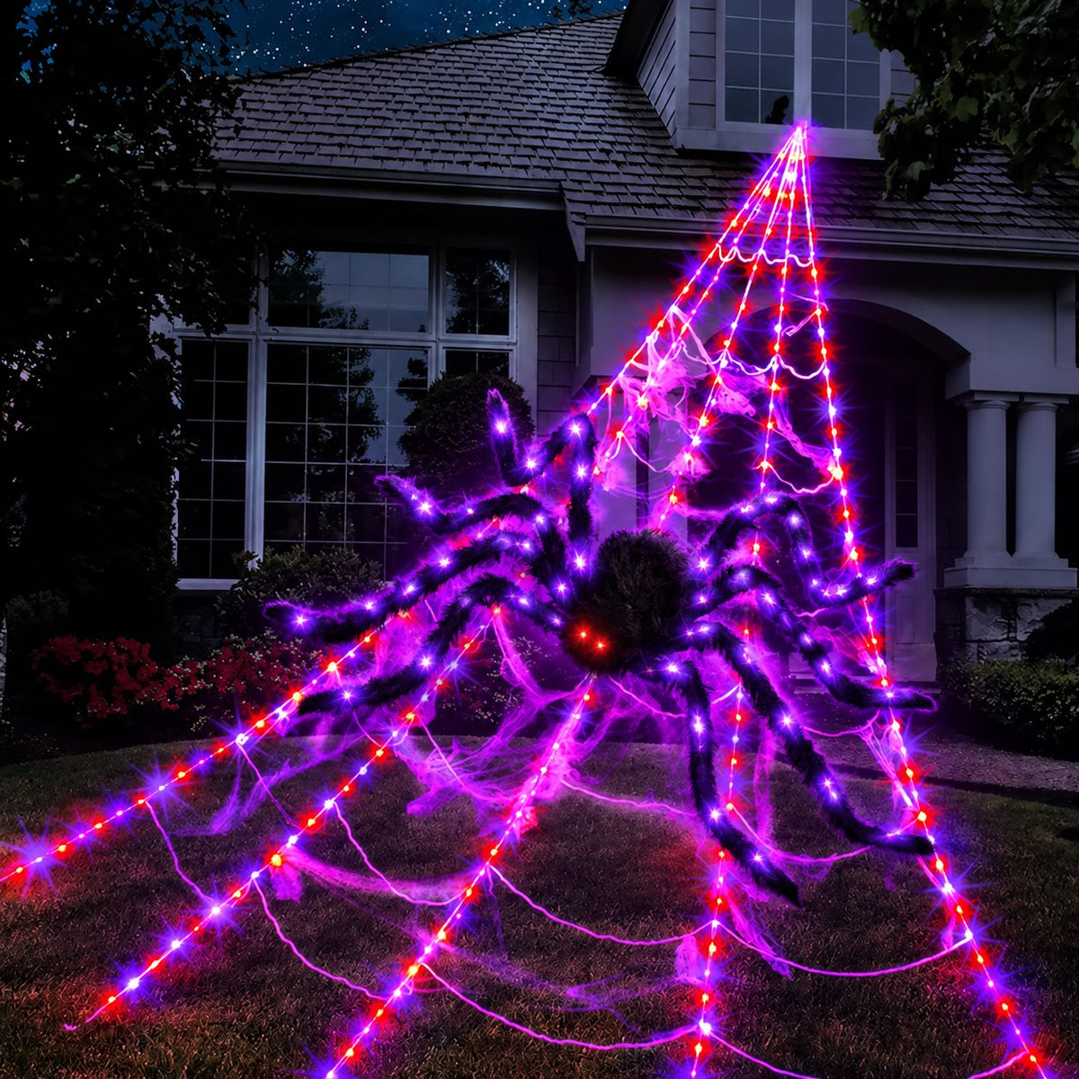 🔥Light-Up Halloween Spider Web Decor with Timer – Waterproof Purple & Orange LED Spooky Lights for Lawn & Outdoor Party