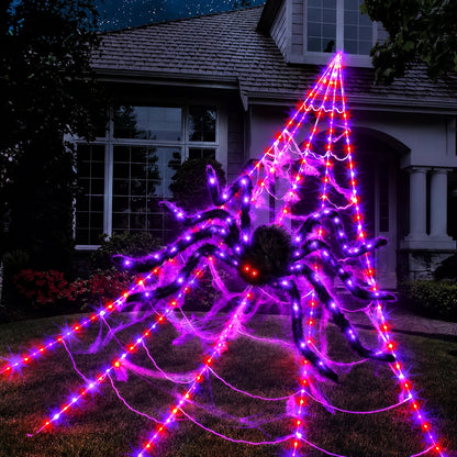 🔥Light-Up Halloween Spider Web Decor with Timer – Waterproof Purple & Orange LED Spooky Lights for Lawn & Outdoor Party