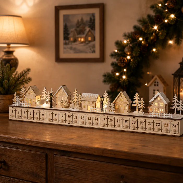 🏡🎁Wooden Village Advent Calendar With Led Glow