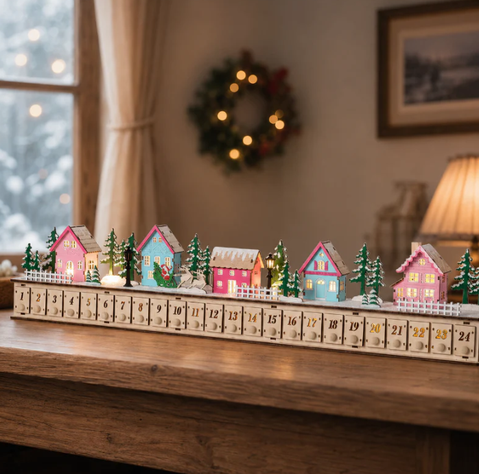 🏡🎁Wooden Village Advent Calendar With Led Glow