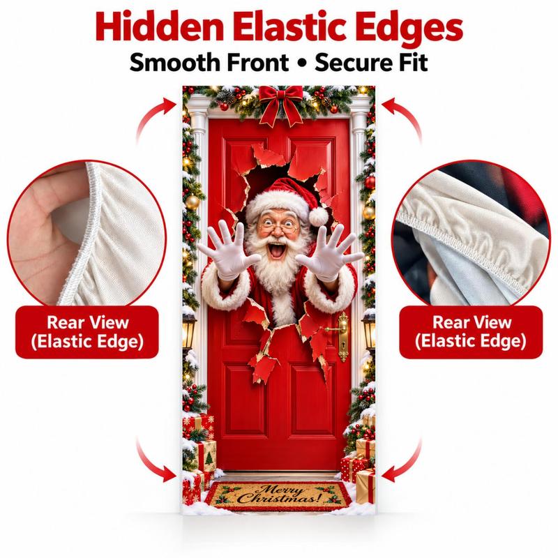 Christmas Door Cover - Santa & Reindeer Stretch Fabric Door Banner with 4-Side Elastic Edges