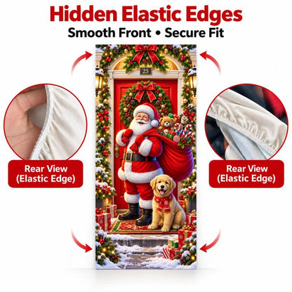 Christmas Door Cover - Santa & Reindeer Stretch Fabric Door Banner with 4-Side Elastic Edges