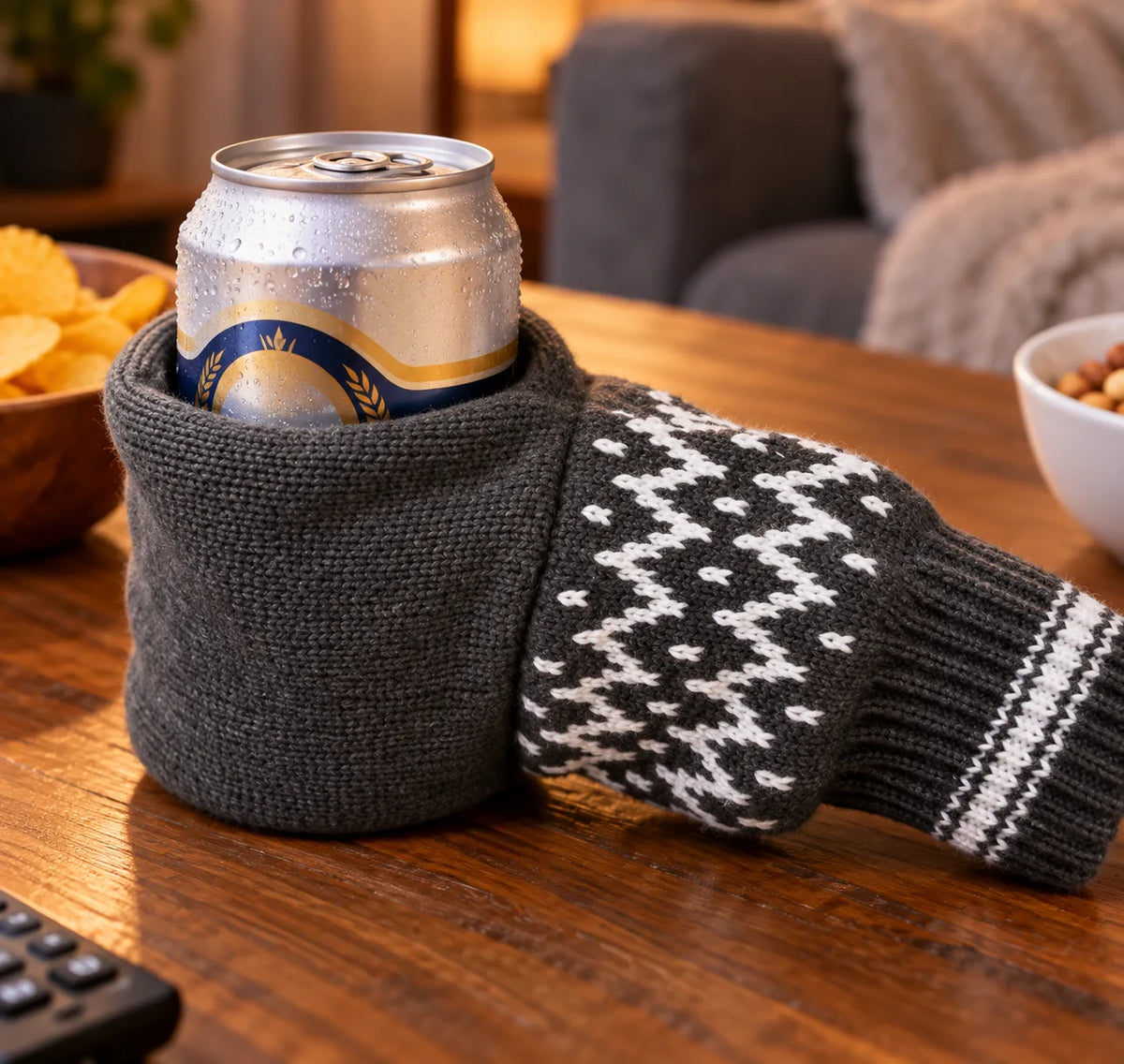 Gray knitted drink mitten holding a chilled can on a wooden table
