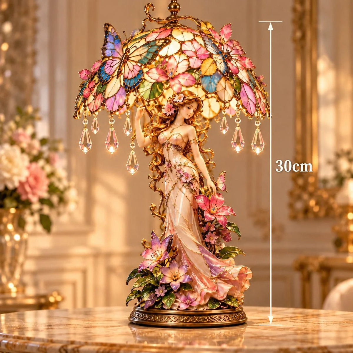 “Enchanted Butterfly Garden Lady” Lamp – Illuminated Flower Sculpture