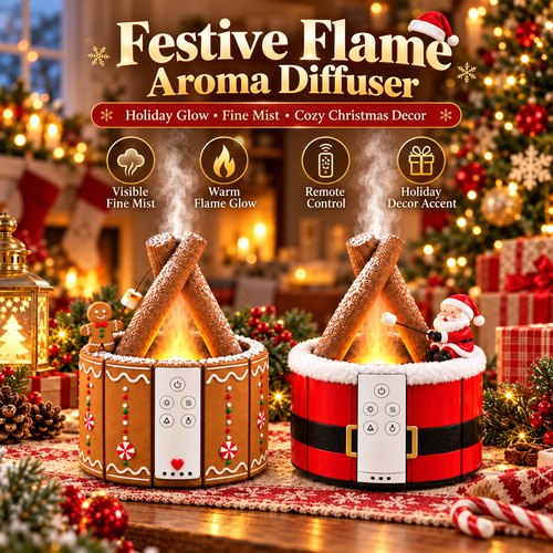 MerryMist Christmas Campfire Aroma Diffuser – Cozy Flame-Style Glow, Festive Mist & Adorable Santa/Gingerbread Designs