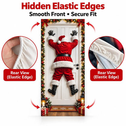 Christmas Door Cover - Santa & Reindeer Stretch Fabric Door Banner with 4-Side Elastic Edges
