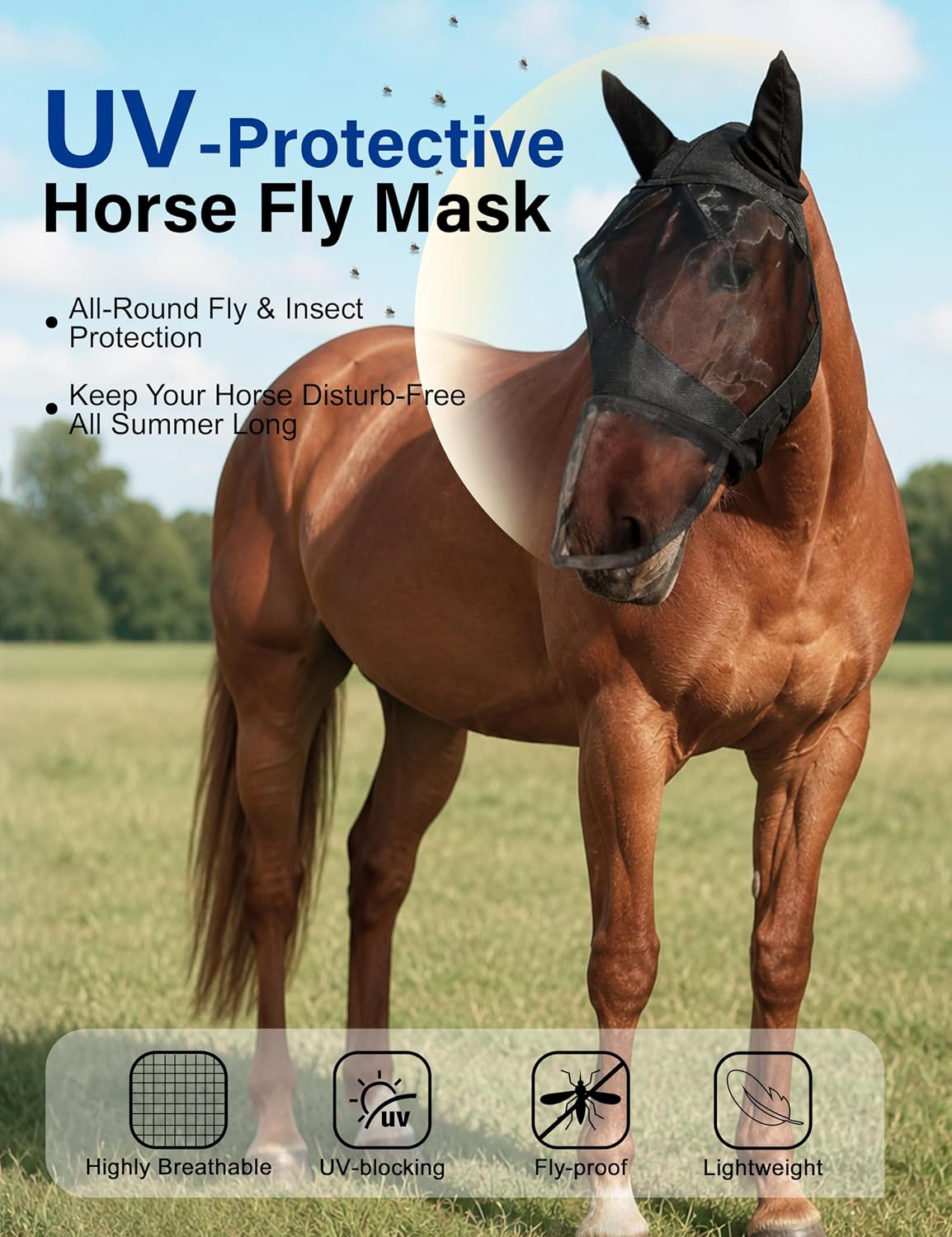 Horse Fly Mask with Nose Cover, UV-Protective Fly Mask for Horses