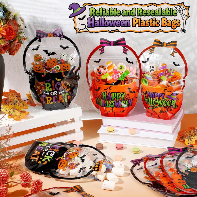 24/50 Pcs Halloween Goodie Bags Plastic Candy Bag Trick or Treat Bags with Cauldron Skeleton black Cat Skull Pumpkin Design,Treat Bags for Student Teacher Colleagues Neighbors,Classroom Snack Storage for Halloween Birthday Party Favor Supplies
