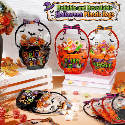24/50 Pcs Halloween Goodie Bags Plastic Candy Bag Trick or Treat Bags with Cauldron Skeleton black Cat Skull Pumpkin Design,Treat Bags for Student Teacher Colleagues Neighbors,Classroom Snack Storage for Halloween Birthday Party Favor Supplies