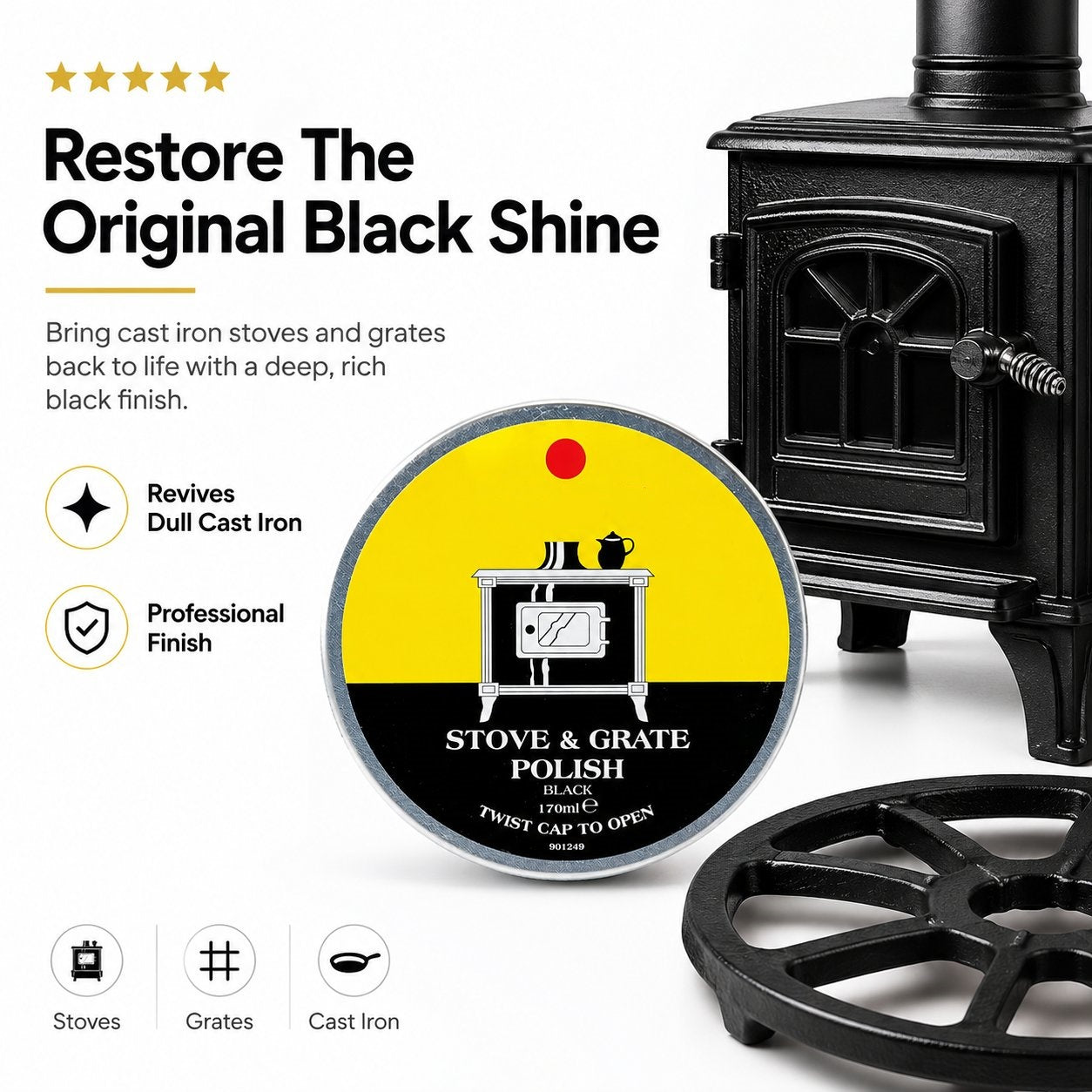 🔥Last Day 50% OFF - 🧼Black Stove & Grate Polish – Cast Iron Restorer for Wood Stoves, Fireplaces & Grates