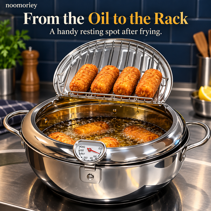 🍗 Deep Frying Pot with Thermometer & Lid Draining Rack – Dual-Handle Frying, Stir-Frying & Boiling Pot