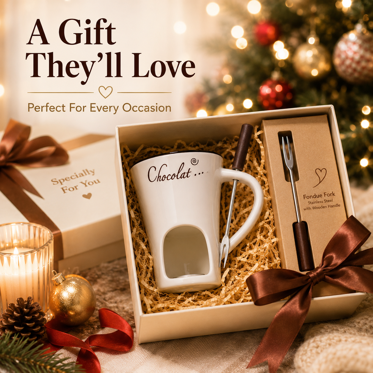 🍫 Candle-Heated Ceramic Fondue Mug Set with Dipping Fork