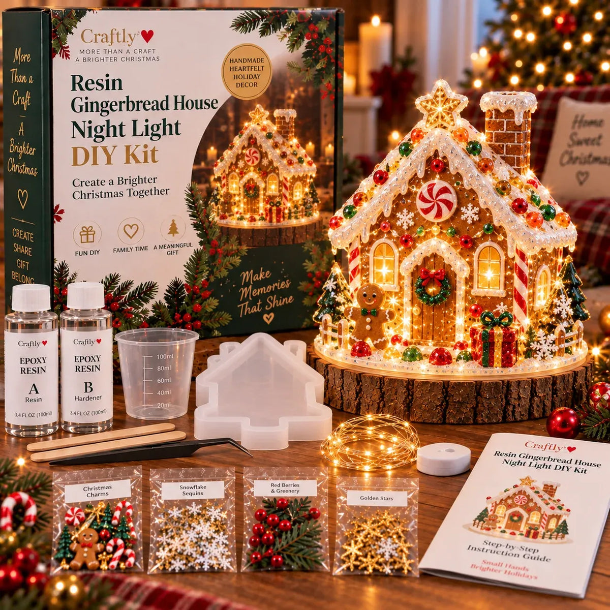 ⏳ Last Day 49% OFF – 🎄Beginner-Friendly Resin Christmas Tree Night Light DIY Kit | Mold, Resin, Fairy Lights & Festive Decorations Included ✨