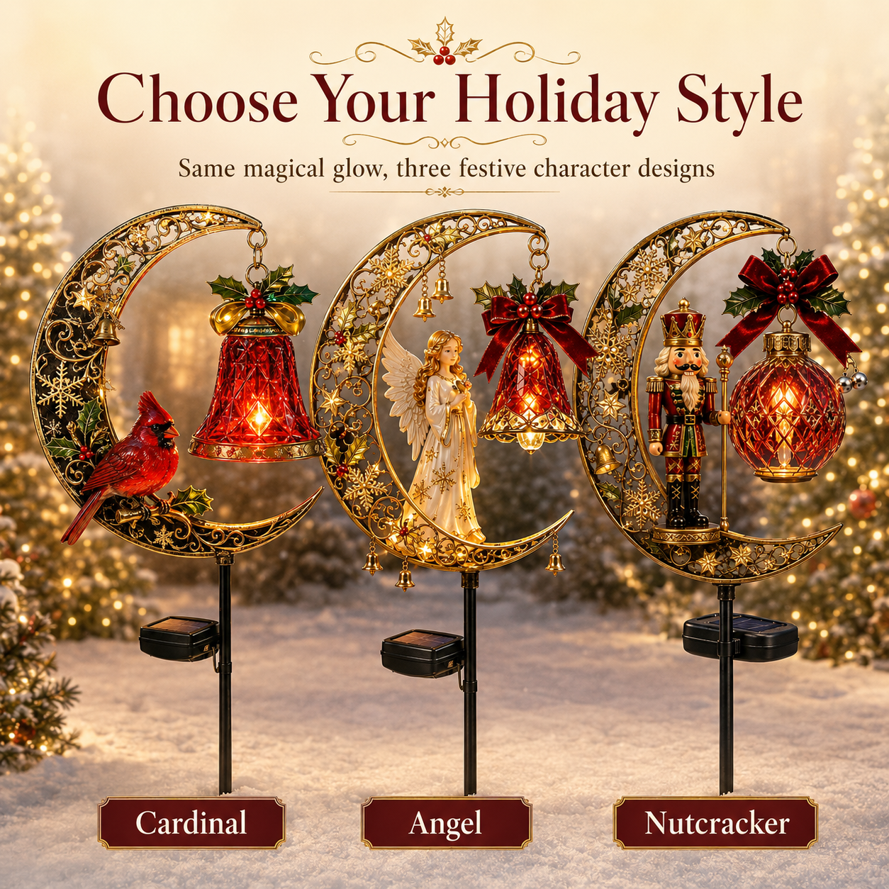 Christmas Solar Crescent Moon Garden Stake Light – Cardinal, Angel & Nutcracke