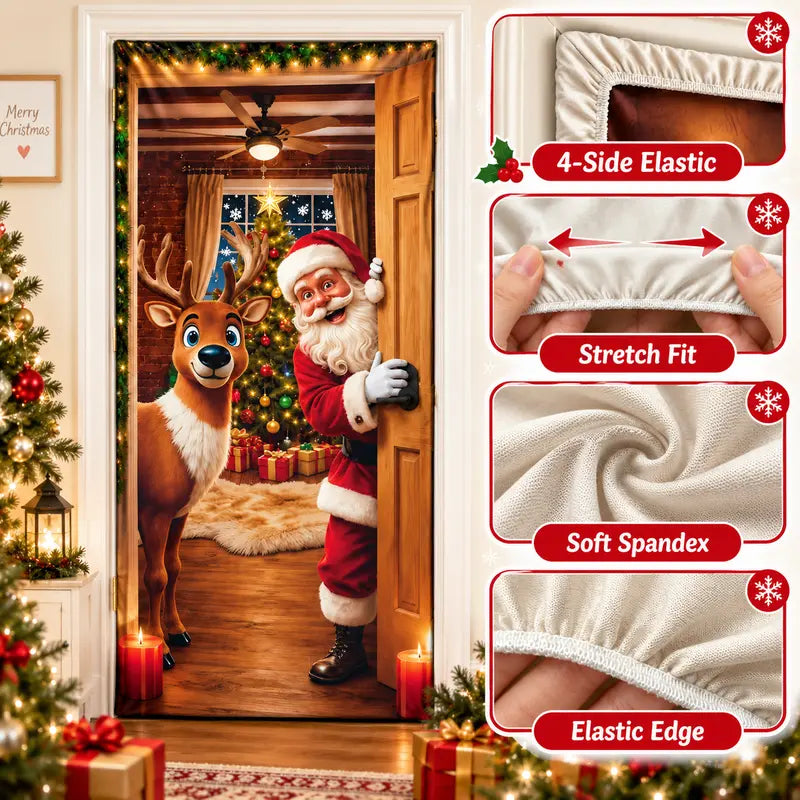 Christmas Door Cover - Santa & Reindeer Stretch Fabric Door Banner with 4-Side Elastic Edges
