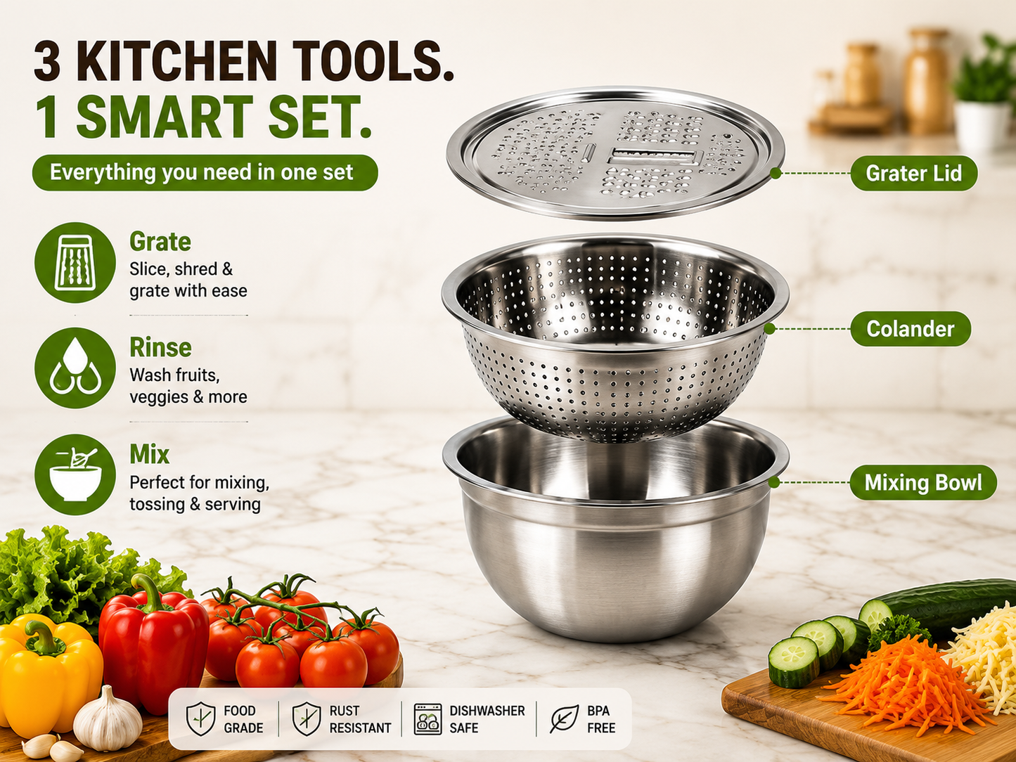 🎁3-in-1 Stainless Steel Grater Bowl & Colander Set
