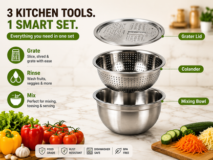 🎁3-in-1 Stainless Steel Grater Bowl & Colander Set