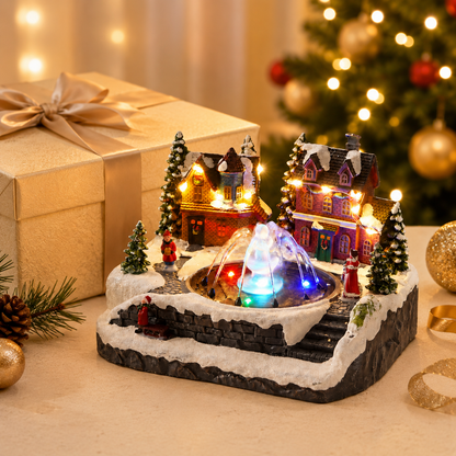 🌲Musical Christmas Village Water Fountain – Rotating LED Lighted Snow Scene Music Box