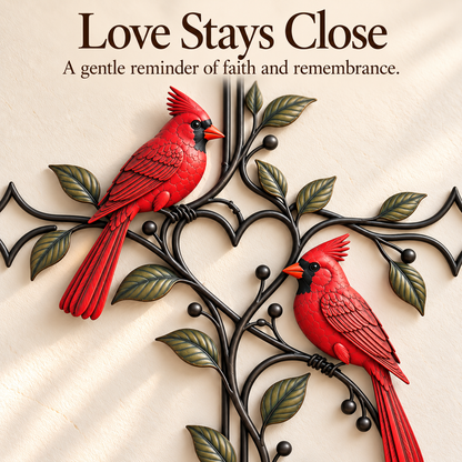 ❤️🐦 Love Stays Close – Cardinal Heart Cross Wall Decor