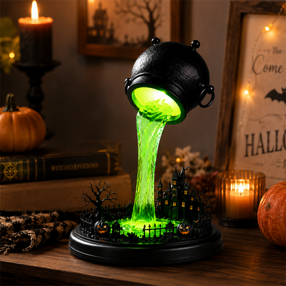 🧙‍♀️Spilling Green Witch Cauldron Desk Lamp | Floating Magic Potion Ambient Light with Miniature Gothic Castle & Glowing Pumpkins (10")