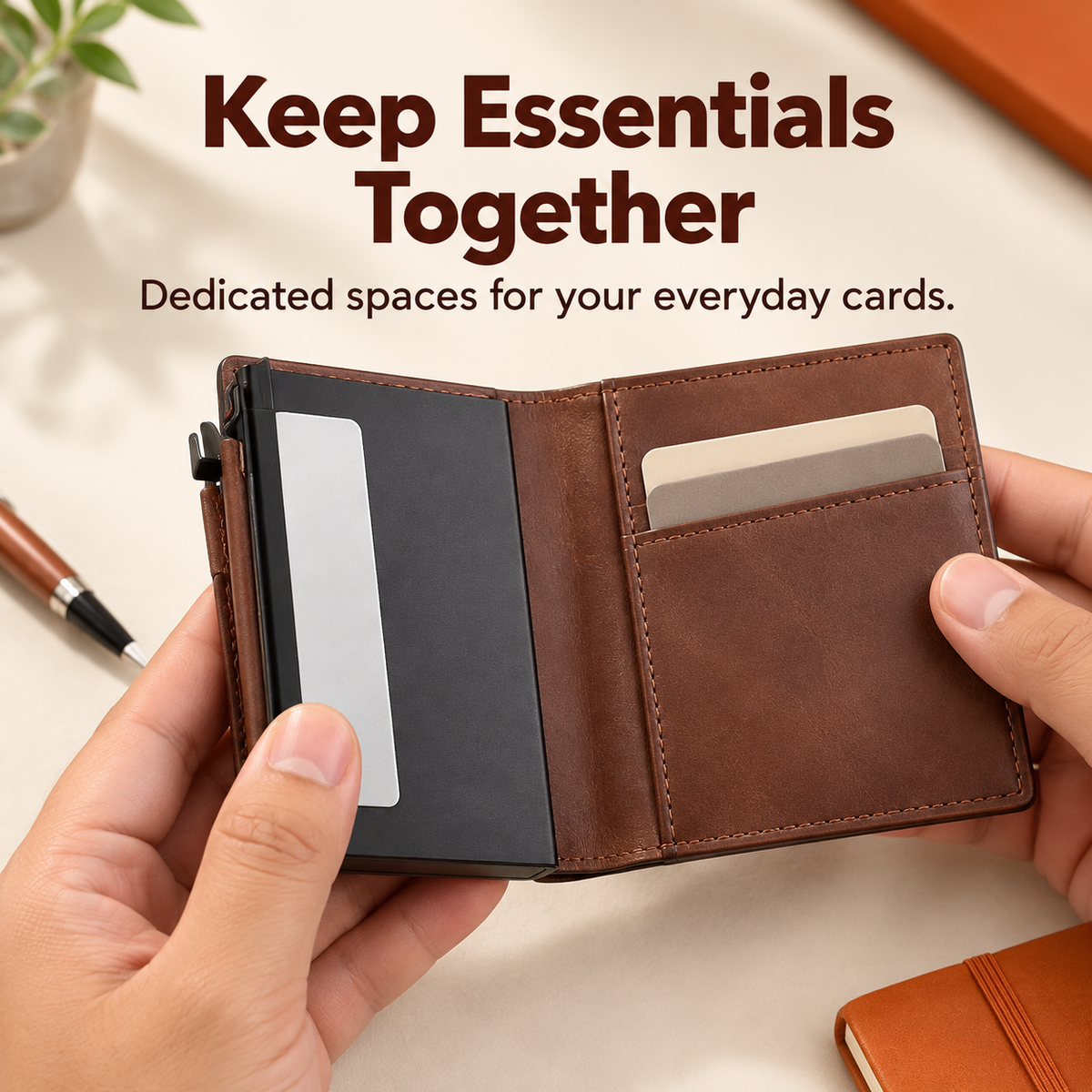 Open brown wallet showing interior card slots and the quick-access card holder