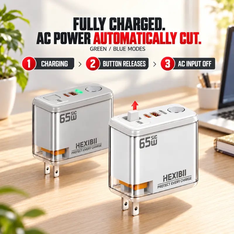 ⚡ HEXIBII 65W SiC Fast Wall Charger with Auto Power-Off – Dual USB-C & USB-A Charger Block for MacBook Pro, iPhone 18/17/16/15 & Galaxy