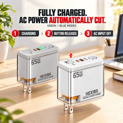 ⚡ HEXIBII 65W SiC Fast Wall Charger with Auto Power-Off – Dual USB-C & USB-A Charger Block for MacBook Pro, iPhone 18/17/16/15 & Galaxy