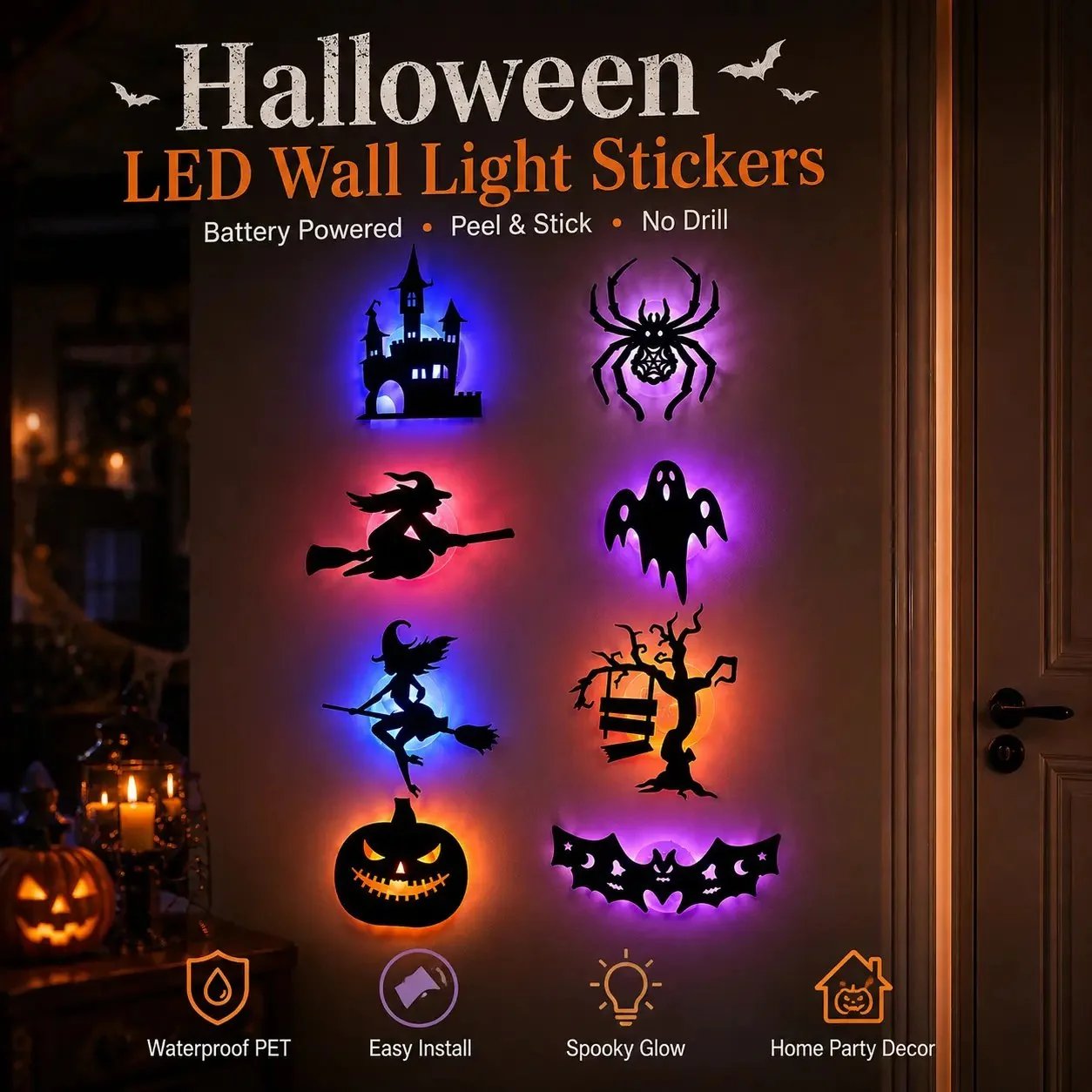 🔥LAST DAY 49% OFF | Renter-Friendly Peel & Stick Halloween LED Window Lights, No Drill No Residue, 8 Spooky Silhouette Designs