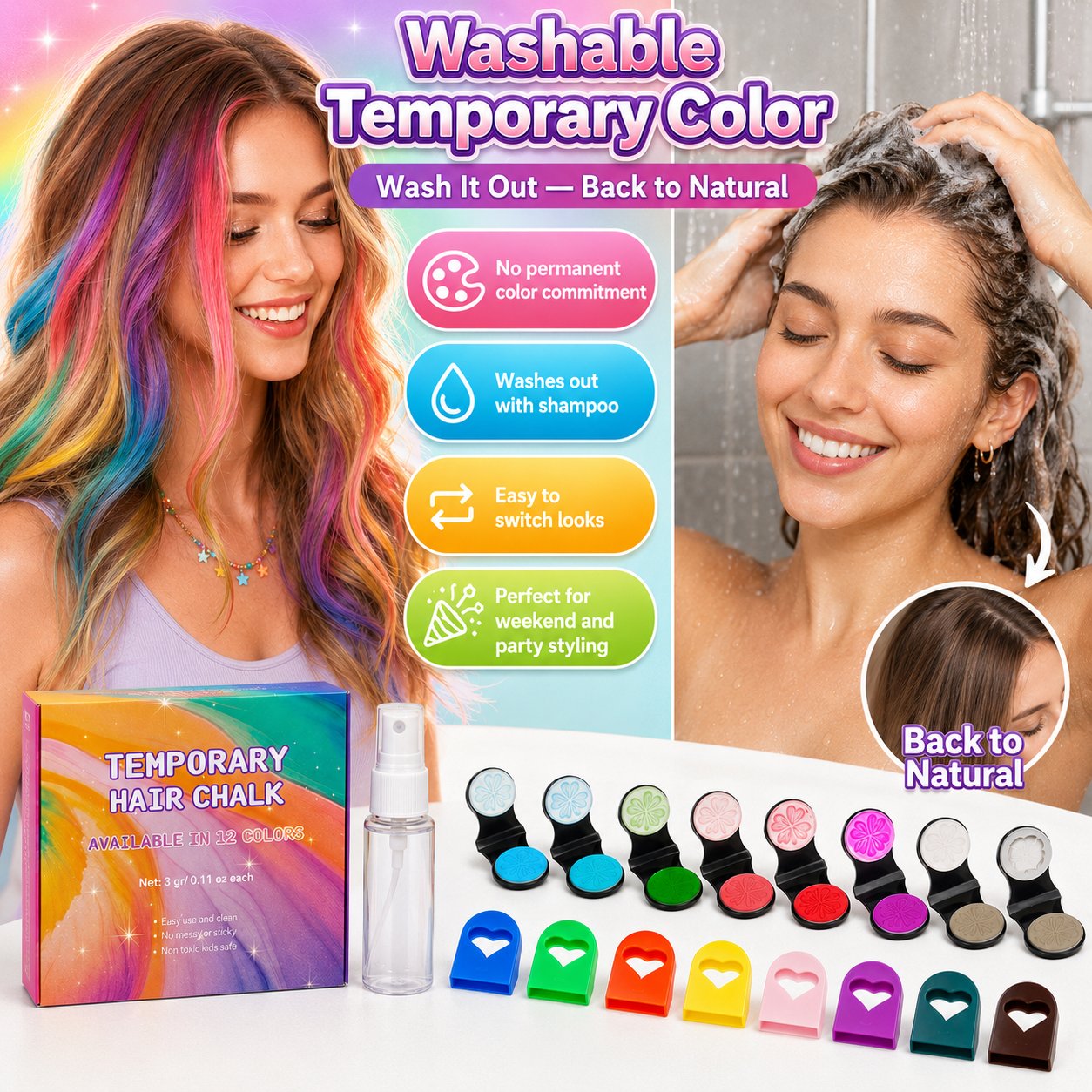 🔥🌈12-Color Temporary Hair Chalk Applicator Set