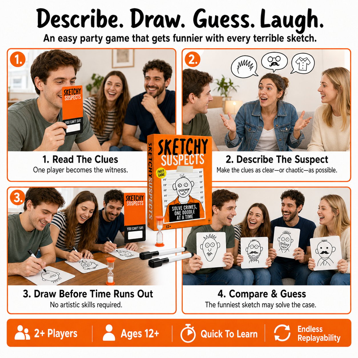 🚨 Sketchy SuspectsTM Police Sketch Party Game | Hilarious Drawing & Guessing Game for Ages 12+, 2+ Players, Family Nights & Parties ✏️😂