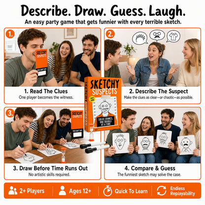 🚨 Sketchy SuspectsTM Police Sketch Party Game | Hilarious Drawing & Guessing Game for Ages 12+, 2+ Players, Family Nights & Parties ✏️😂