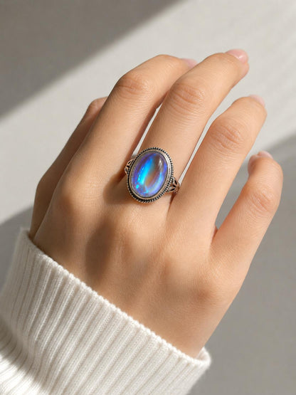 💎Vintage Rainbow Moonstone Ring-Oval Cabochon Filigree Jewelry