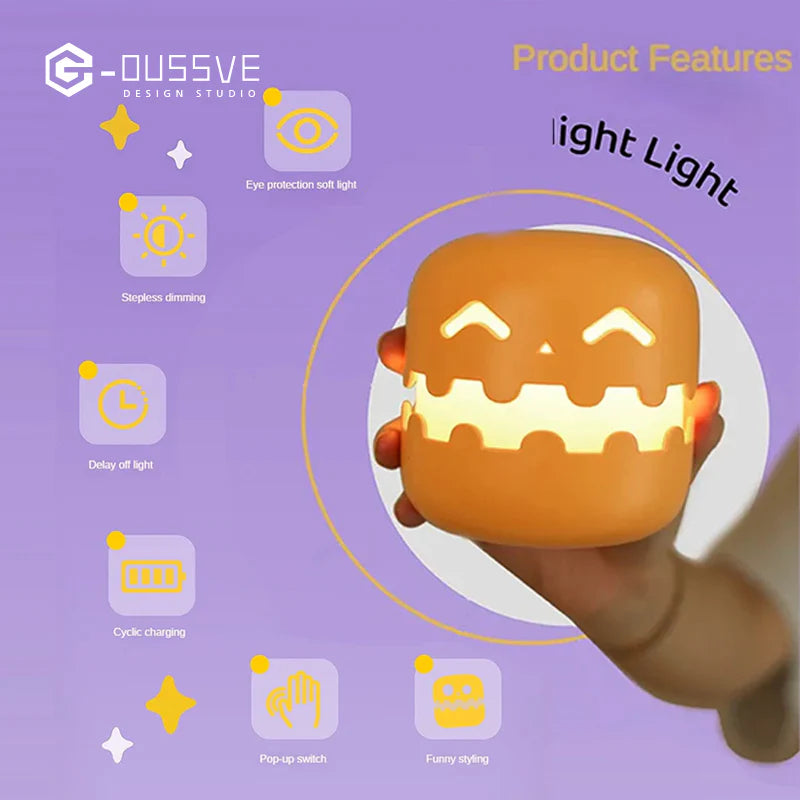 🎃 Pop-Up Pumpkin Night Light, USB Rechargeable Halloween Pat-Lamp with Stepless Dimming & Timer, Interactive Cute Bedside Soft Light for Kids & Party Decor