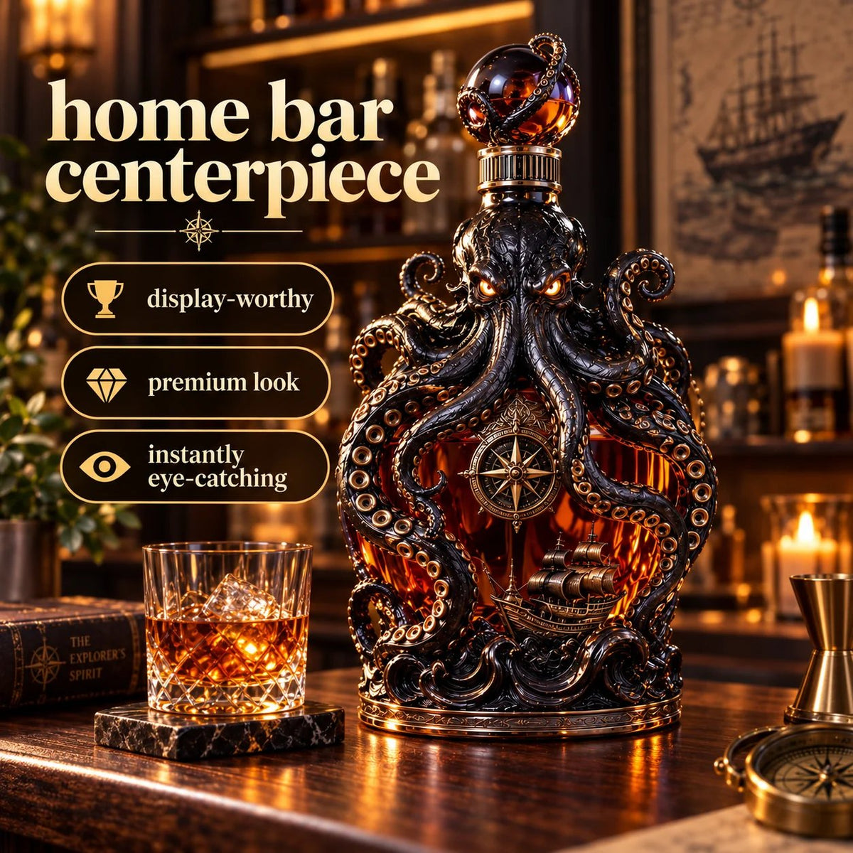 🔥Buy 2 Get 20% OFF🔥🐙Kraken Voyage Octopus Whiskey Decanter | Gothic Nautical Bar Centerpiece