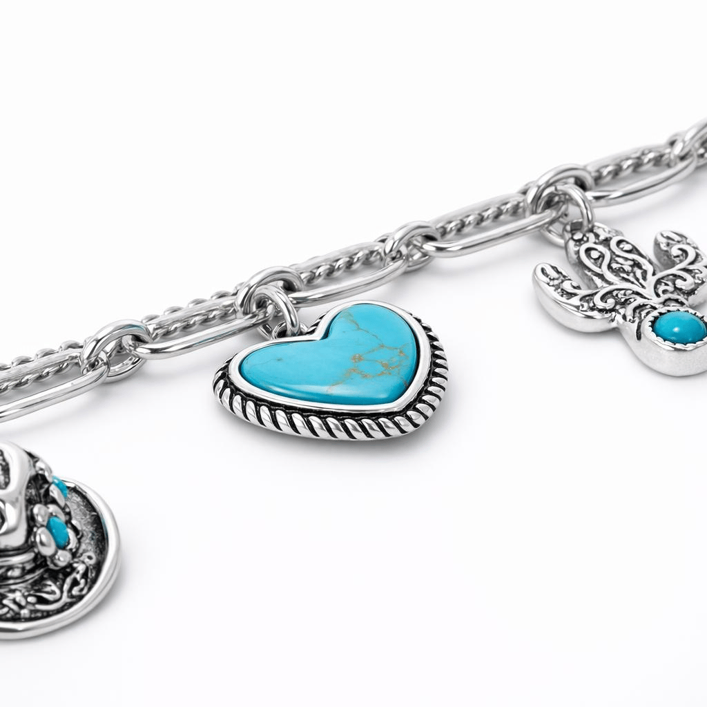 🏇🤠Handmade Western Cowboy Charm Bracelet with Boot Hat Cactus & Heart Charms🌵