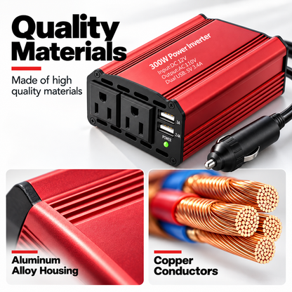 ⚡300W Car Power Inverter | DC 12V to 110V AC Converter | 2 AC Outlets & 2 USB‑A Ports, Aluminum Housing with Cooling Fan for Road Trip & Camping