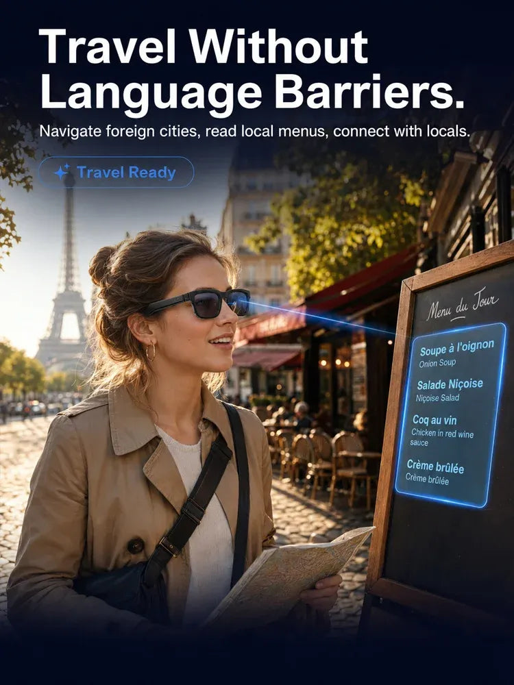 travel illustration showing black smart glasses