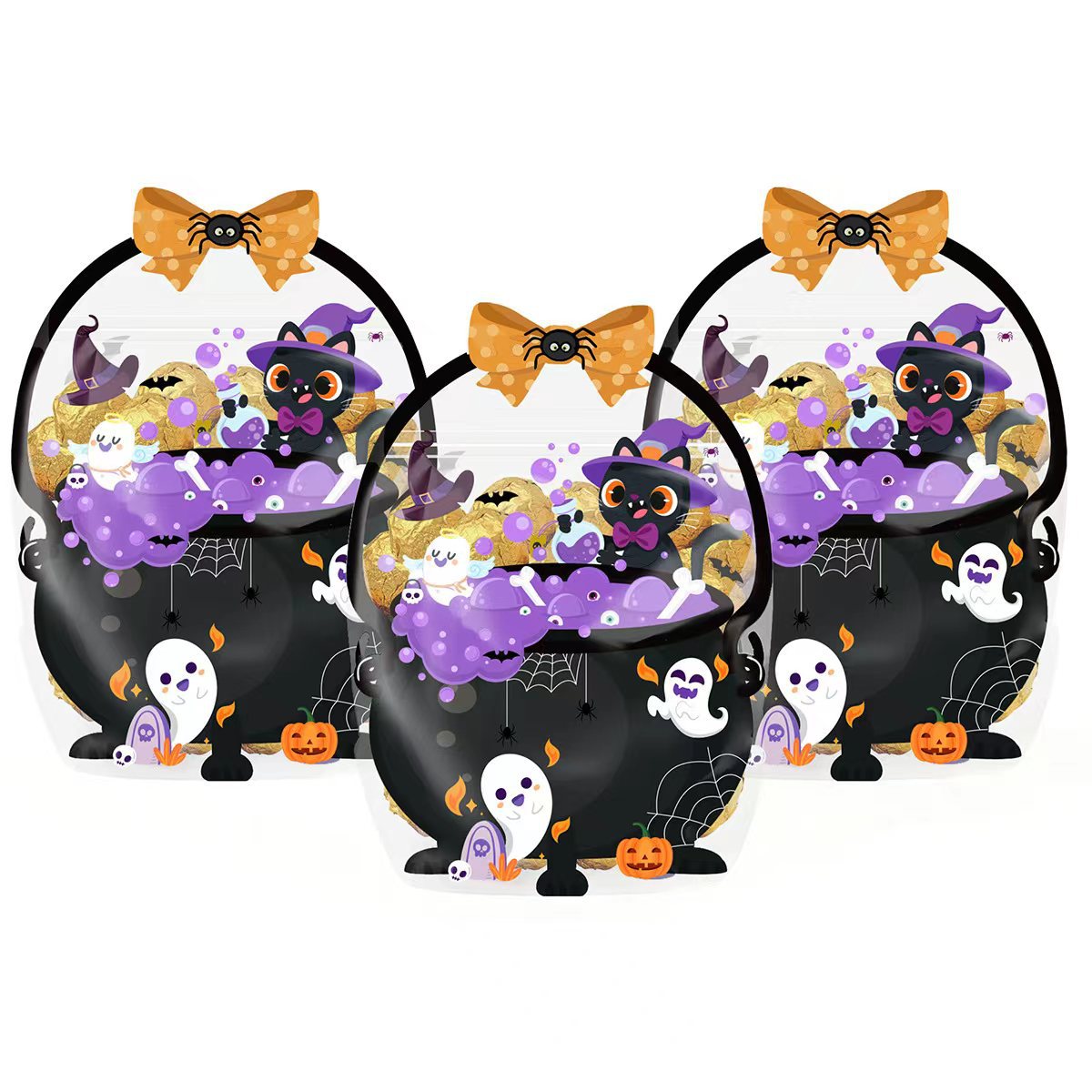 24/50 Pcs Halloween Goodie Bags Plastic Candy Bag Trick or Treat Bags with Cauldron Skeleton black Cat Skull Pumpkin Design,Treat Bags for Student Teacher Colleagues Neighbors,Classroom Snack Storage for Halloween Birthday Party Favor Supplies
