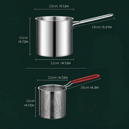 🍟 Personal Mini Deep Fryer Set – Stainless Steel Pot with Lift-Out Basket & Food Tongs