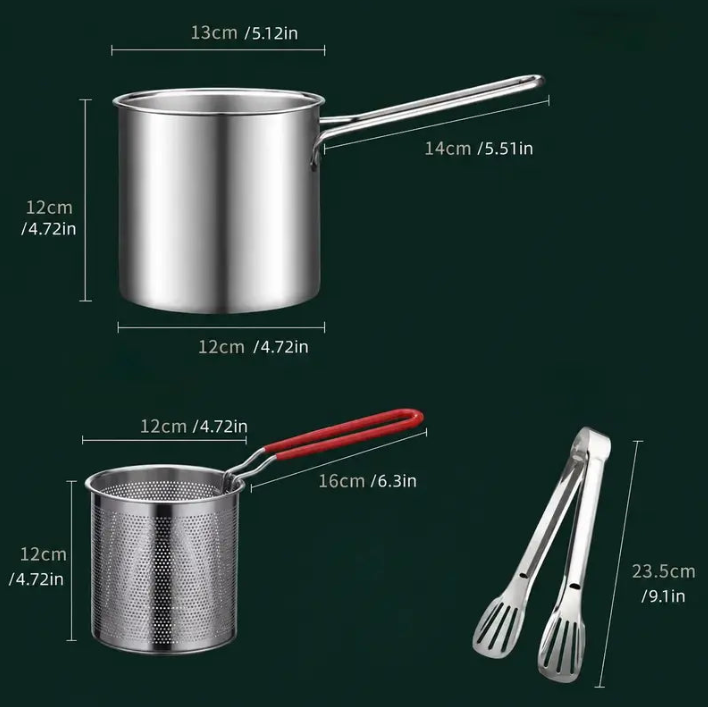 🍟 Personal Mini Deep Fryer Set – Stainless Steel Pot with Lift-Out Basket & Food Tongs