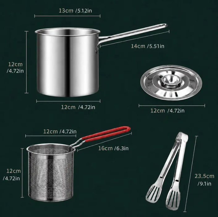 🍟 Personal Mini Deep Fryer Set – Stainless Steel Pot with Lift-Out Basket & Food Tongs