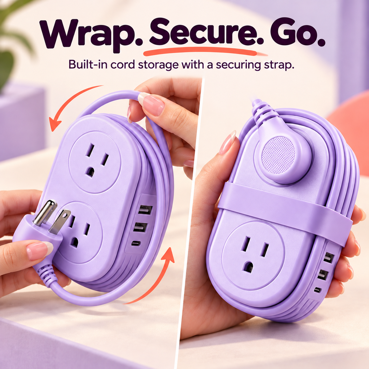 🔌 Retractable Travel Power Strip, Portable Wrapped Extension Cord with 2 AC Outlets, USB & USB-C Ports, Compact Desktop Charger for Trip Office
