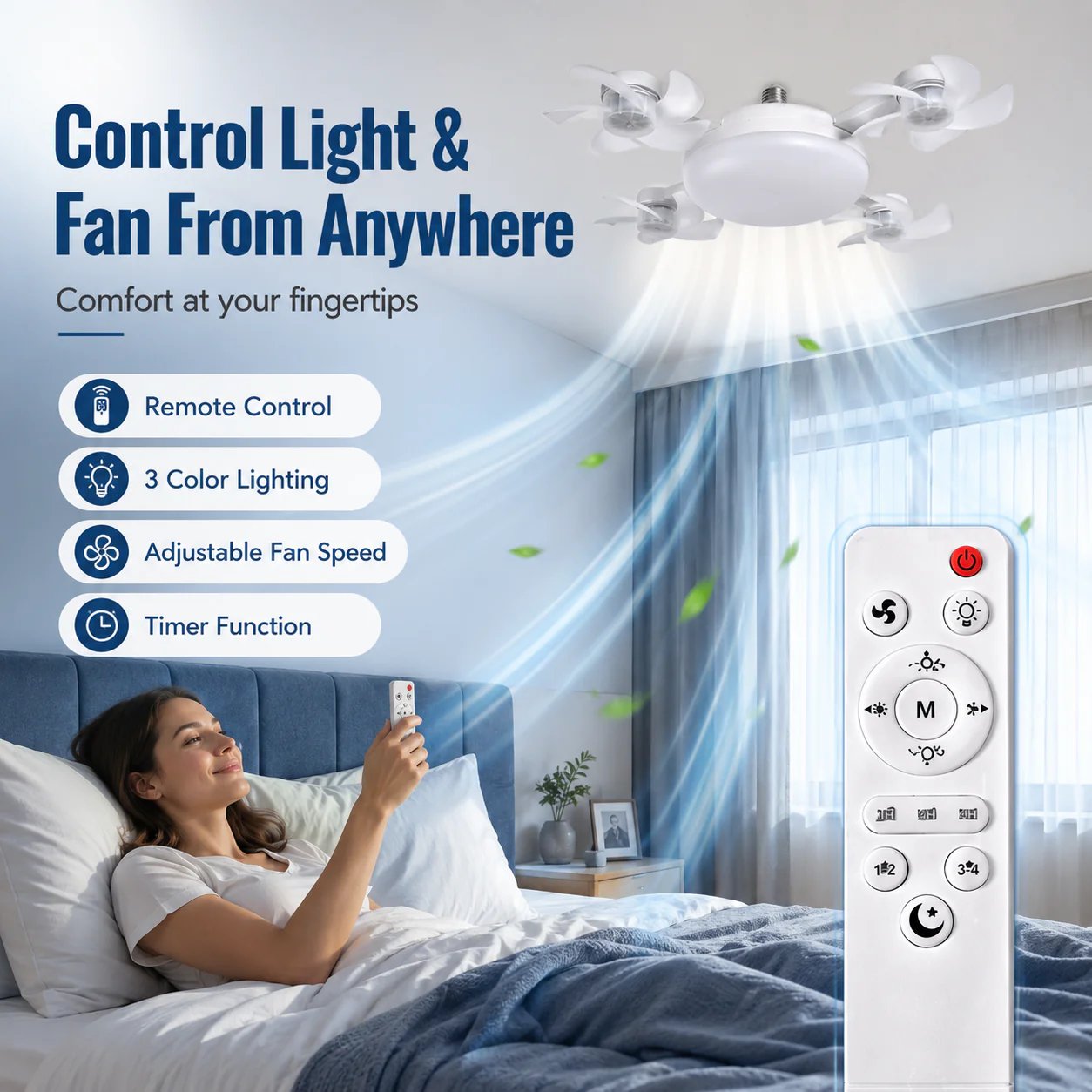 🌬️ SUMMER SALE 50% OFF 💡No-Wiring Ceiling Fan Light with Remote Control