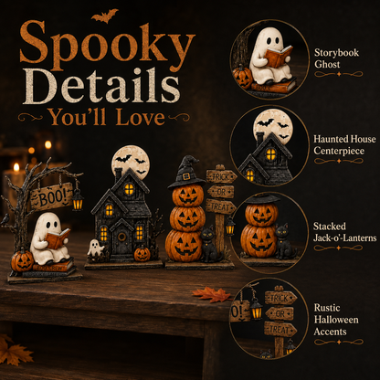 3-Piece Halloween Decor Set – Ghost, Haunted House & Pumpkins