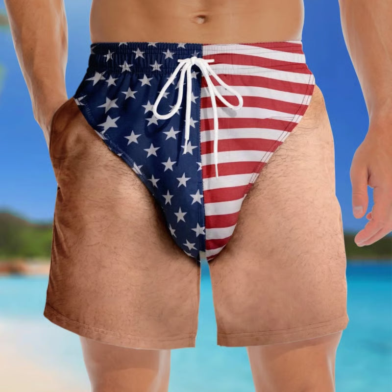 "Freedom & Chill" Funny Illusion Patriotic Men's Swim Trunks